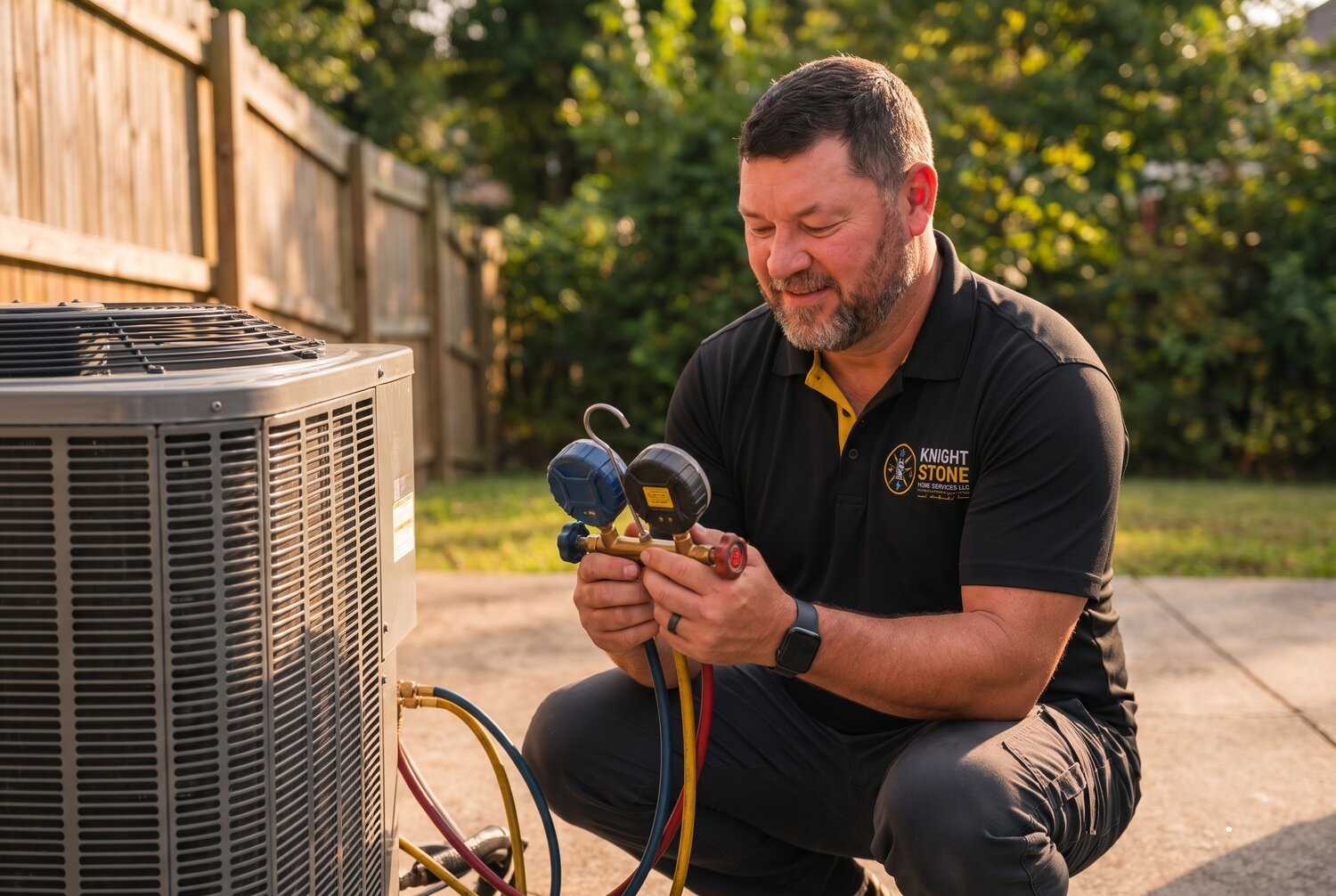 Will Hamby checking an outdoor air-conditioning condenser with HVAC gauges
