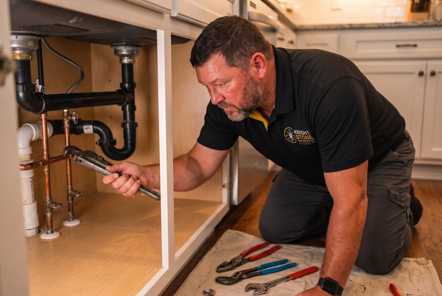 Will Hamby repairing pipes under a kitchen sink with a wrench